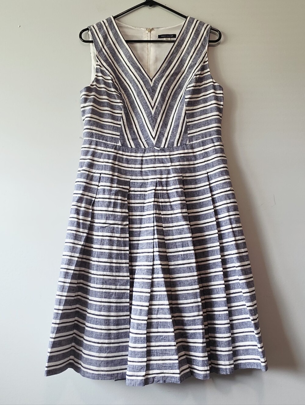 Tommy Hilfiger Navy and White Striped V-Neck Fit-and-Flare Dress
